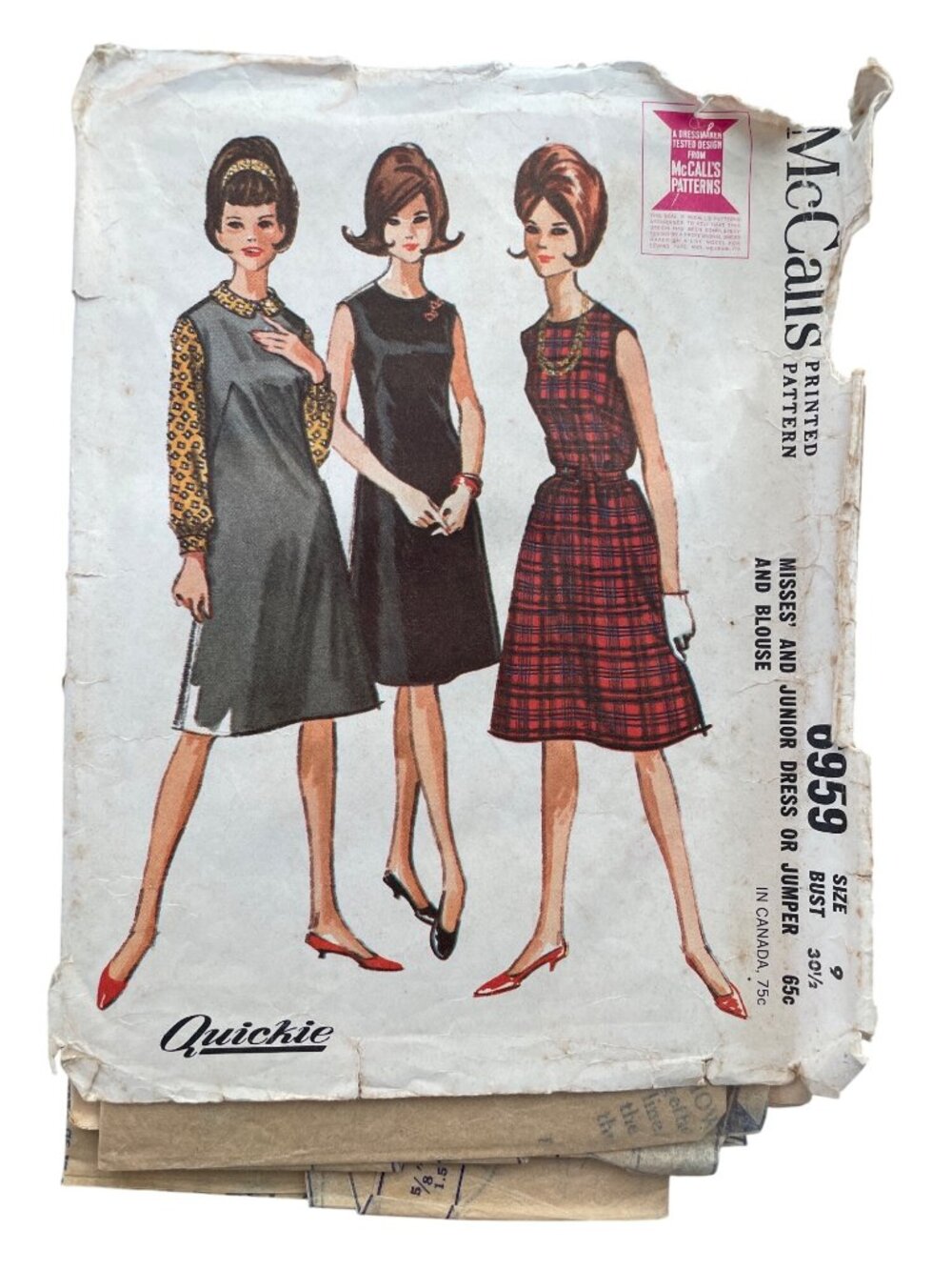 Vintage 60s McCalls 6959 Sewing Pattern Size 9 Dress or Jumper and Blouse CUT